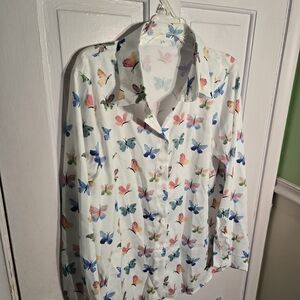 SHEIN White Butterfly Print Button Down Shirt Size 2XL
